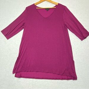 J. Jill Wearever Tunic Top M Fuchsia Black VNeck 3/4 Sleeve Geometric Lagenlook